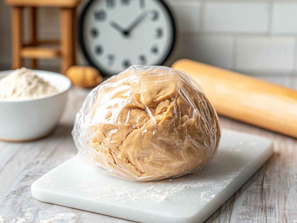 Peanut butter cookie dough chilling on a white cutting board before baking.