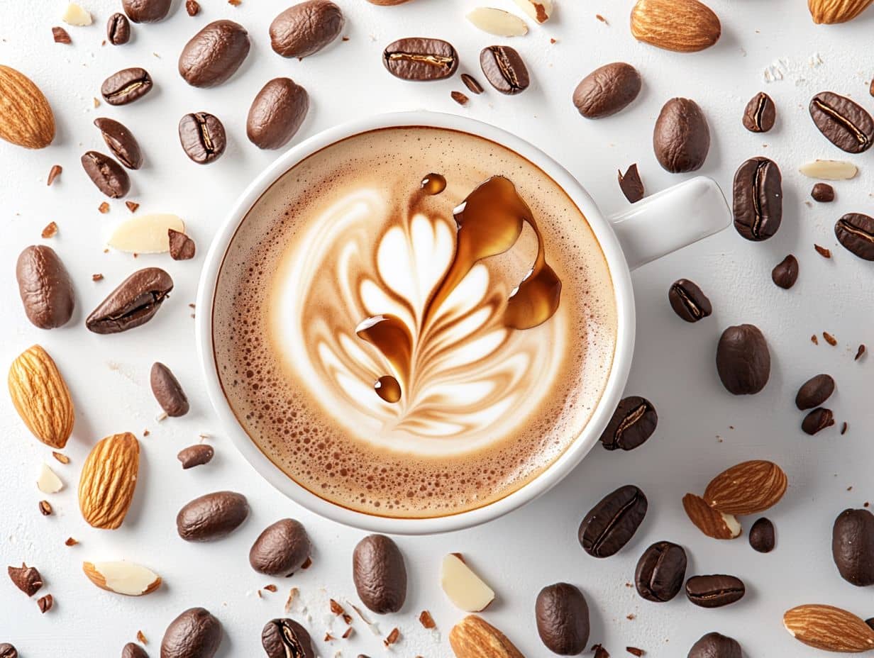 A cup of coffee with orgeat syrup swirling in, creating a smooth, nutty texture with almonds.