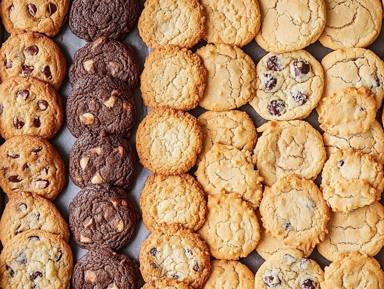 A side-by-side comparison of large and small cookies on a baking sheet.