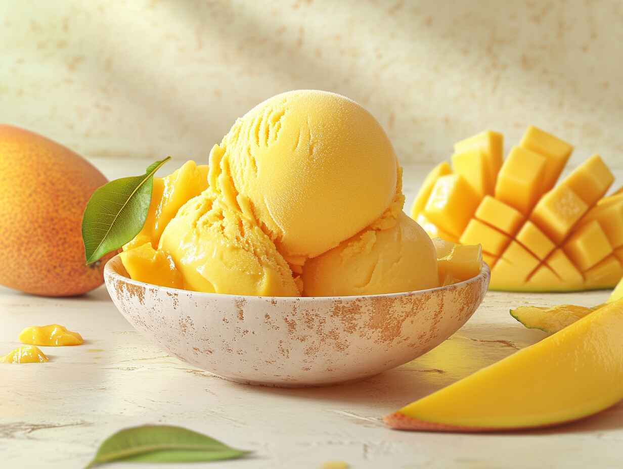 Creamy mango ice cream with fresh mango slices and mint leaves.