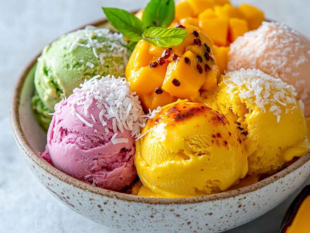 Mango ice cream variations with coconut, chili powder, and passion fruit sauce.