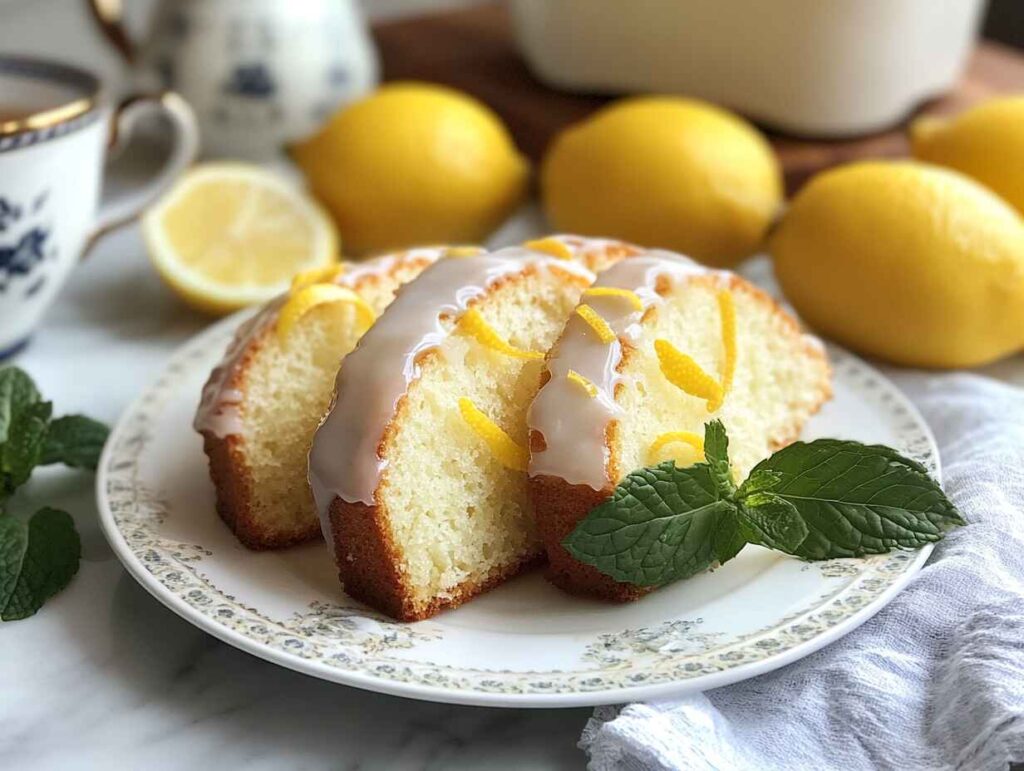 Slices of lemon-glazed pound cake on a plate with lemon zest garnish.