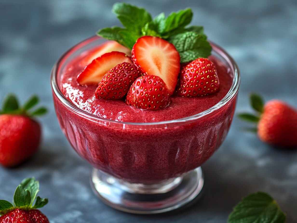 A bowl of homemade strawberry puree surrounded by fresh strawberries and kitchen ingredients.