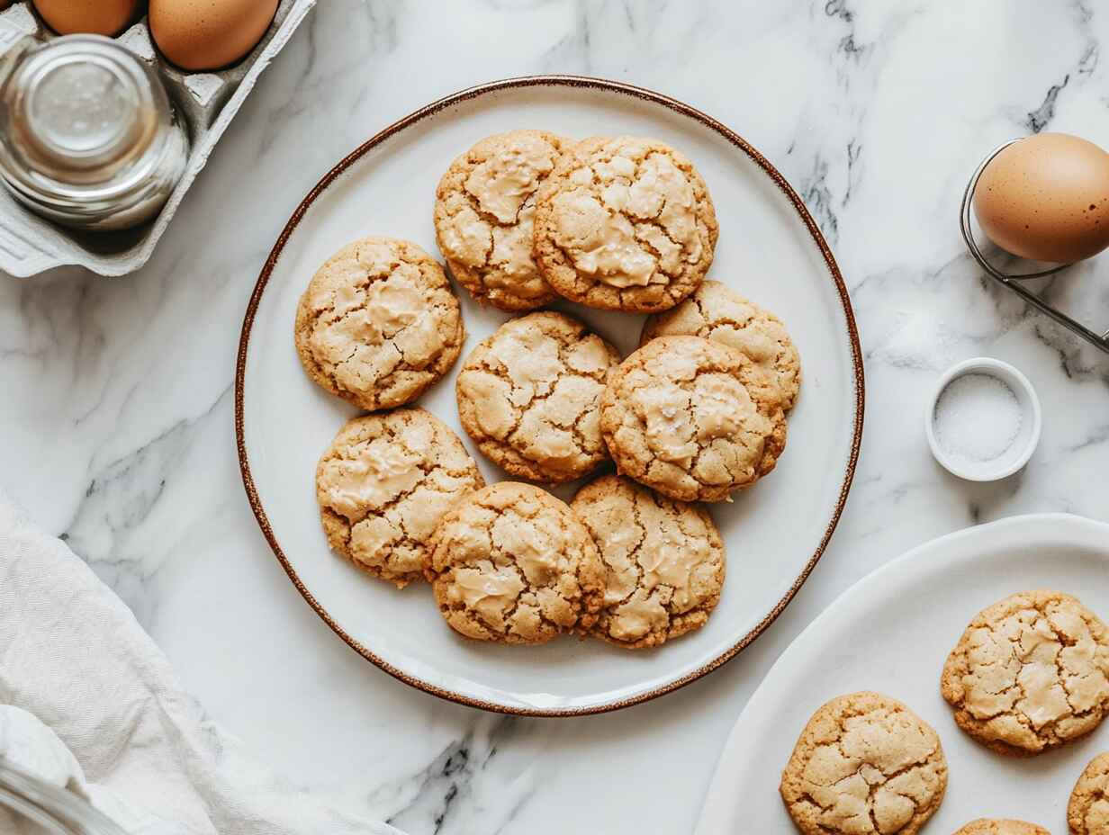 Freshly baked peanut butter cookies with simple ingredients in the background.