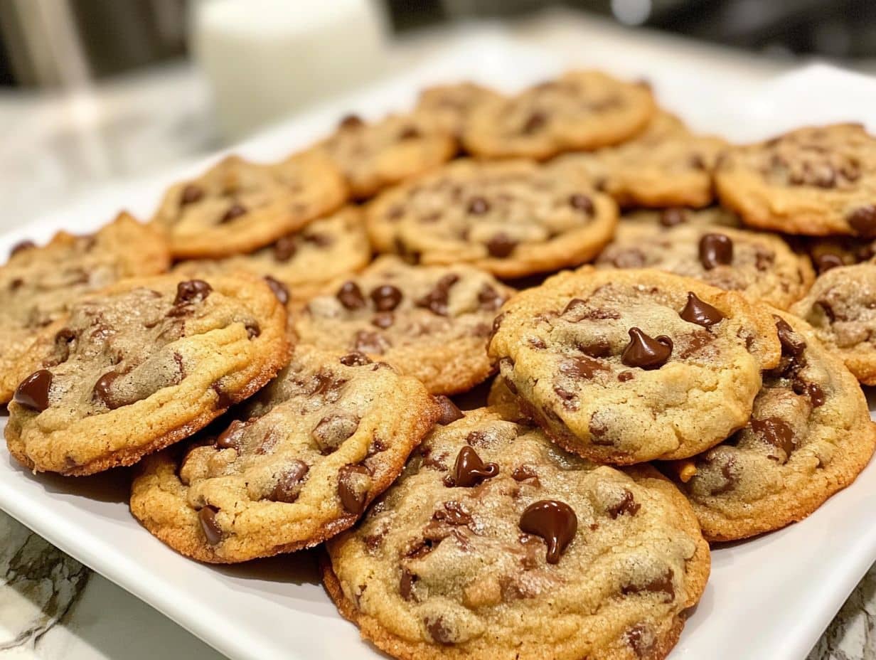 A tray of freshly baked small batch chocolate chip cookies.