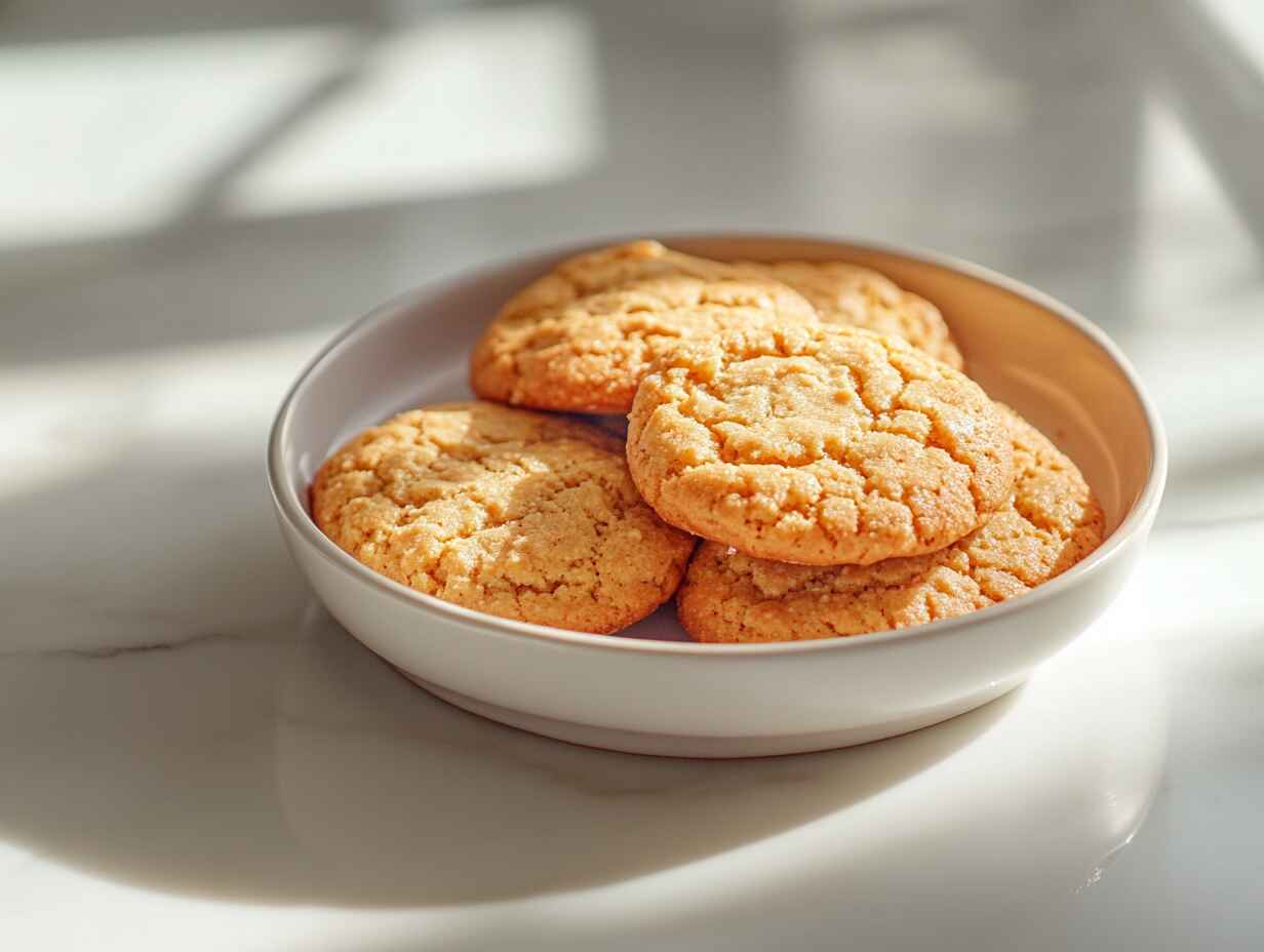 A bowl of golden peanut butter cookies on a white surface with natural sunlight.