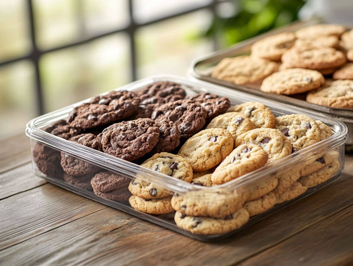 A variety of homemade cookies stored in an airtight container on a wooden table.