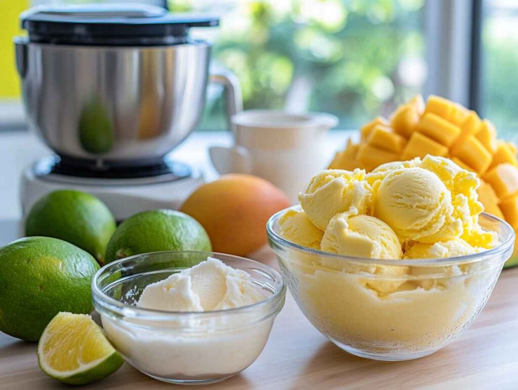 Ingredients for homemade mango ice cream arranged on a kitchen counter.