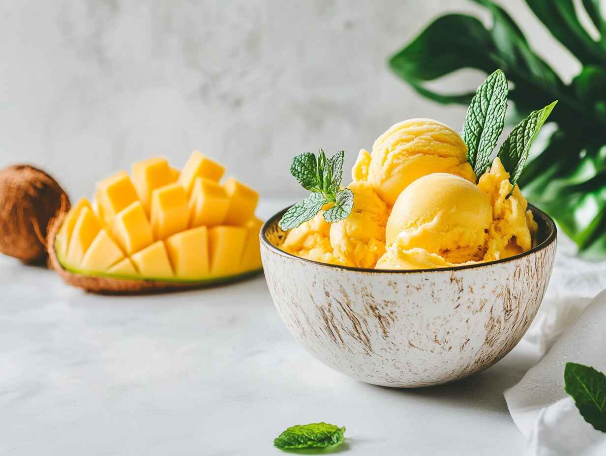 A bowl of homemade mango ice cream garnished with fresh mango slices and mint leaves.