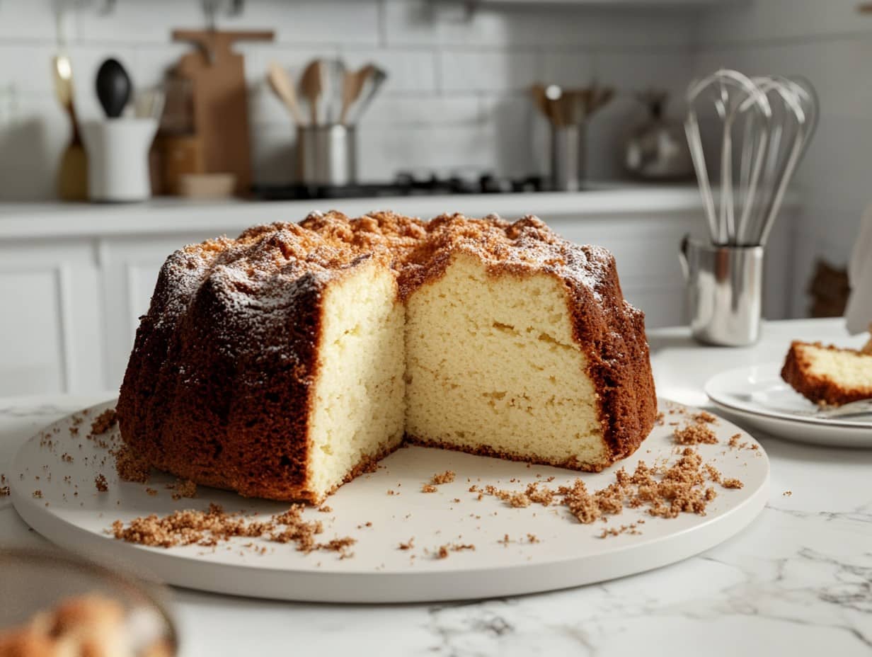 A freshly baked pound cake being sliced to show its moist and dense interior.