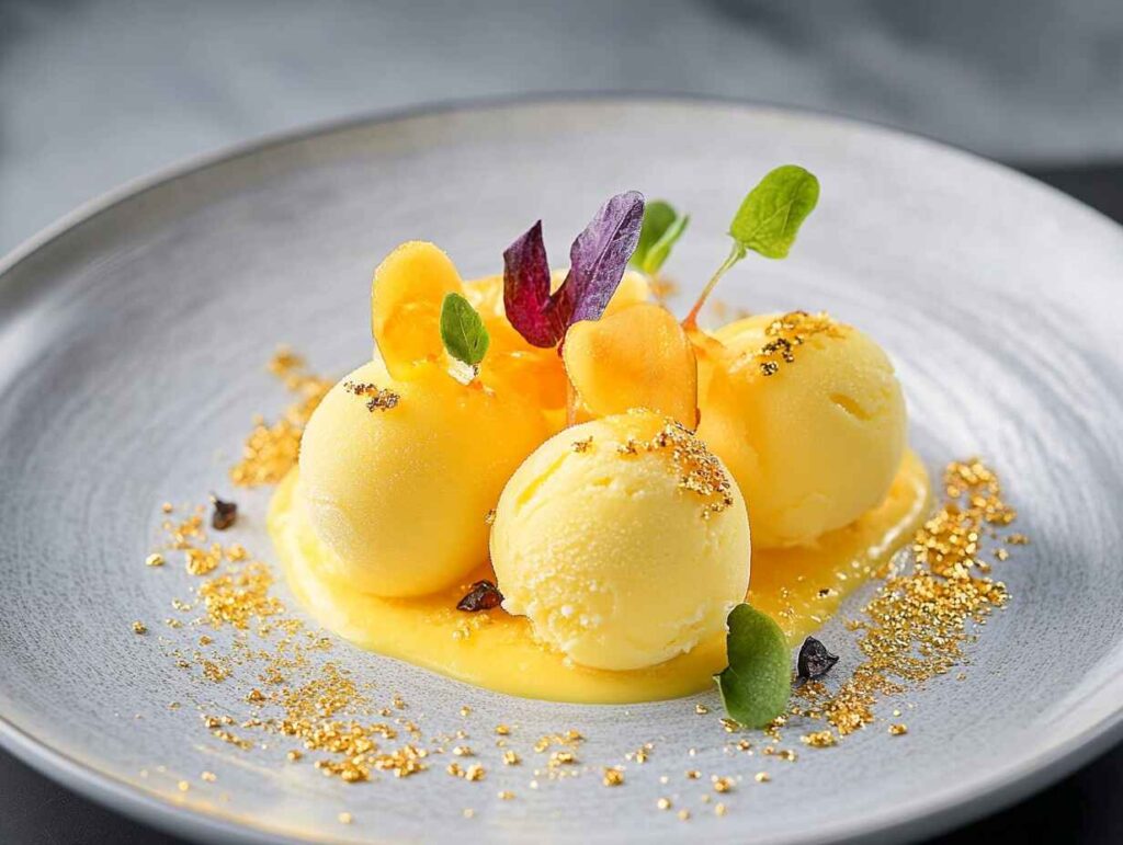 Mango ice cream spheres with edible gold flakes and exotic fruits.