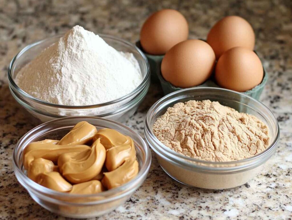 Bowls of flour, creamy peanut butter, brown sugar, and eggs arranged on a kitchen countertop.