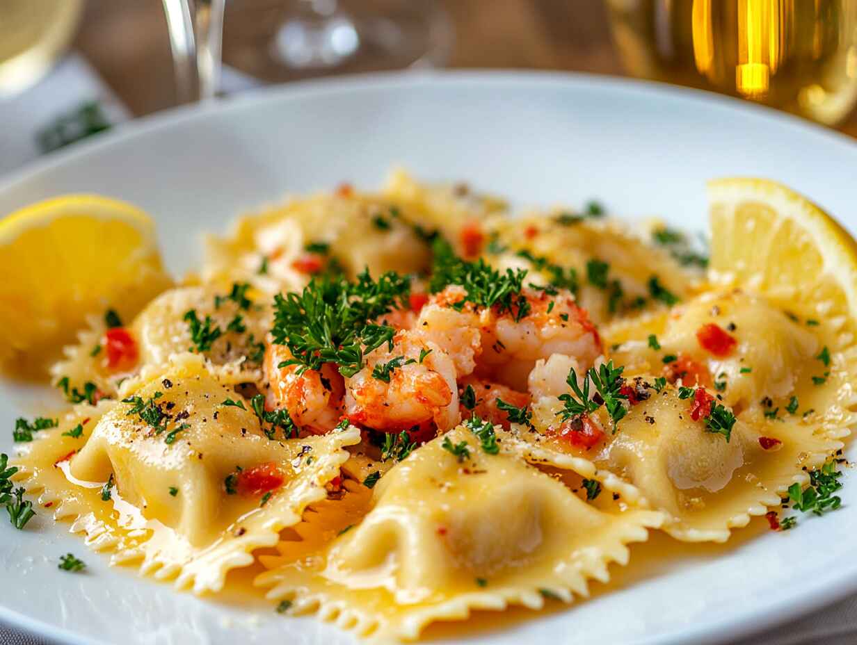 A gourmet plate of lobster ravioli with parsley and lemon slices.