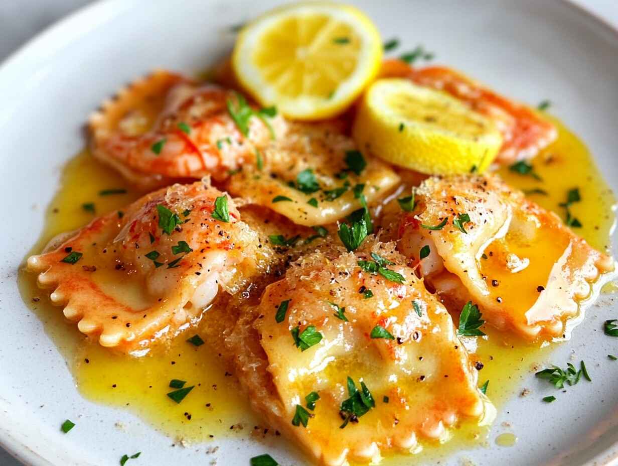 : Plate of lobster ravioli with butter sauce and garnishes on a white plate.