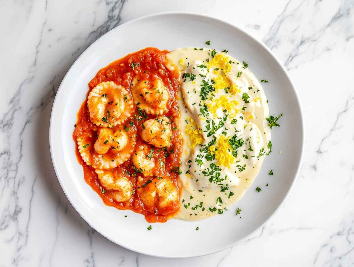 Plate of lobster ravioli with red and white sauces.