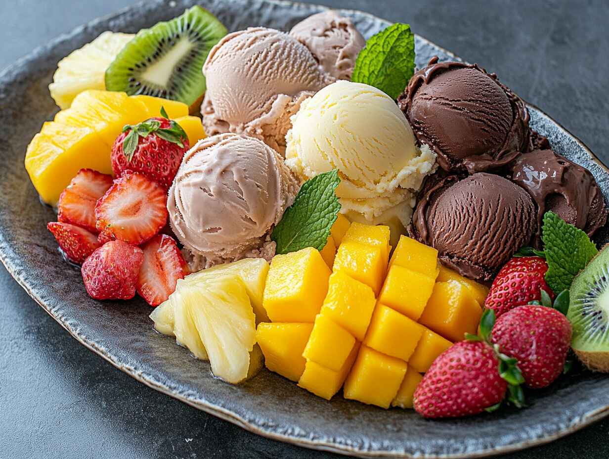 A variety of ice cream scoops paired with fruits and labeled for flavor pairings.