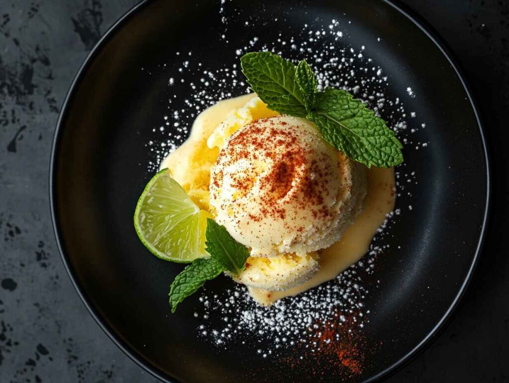 Mango ice cream with chili powder, mint, and lime on a black plate.