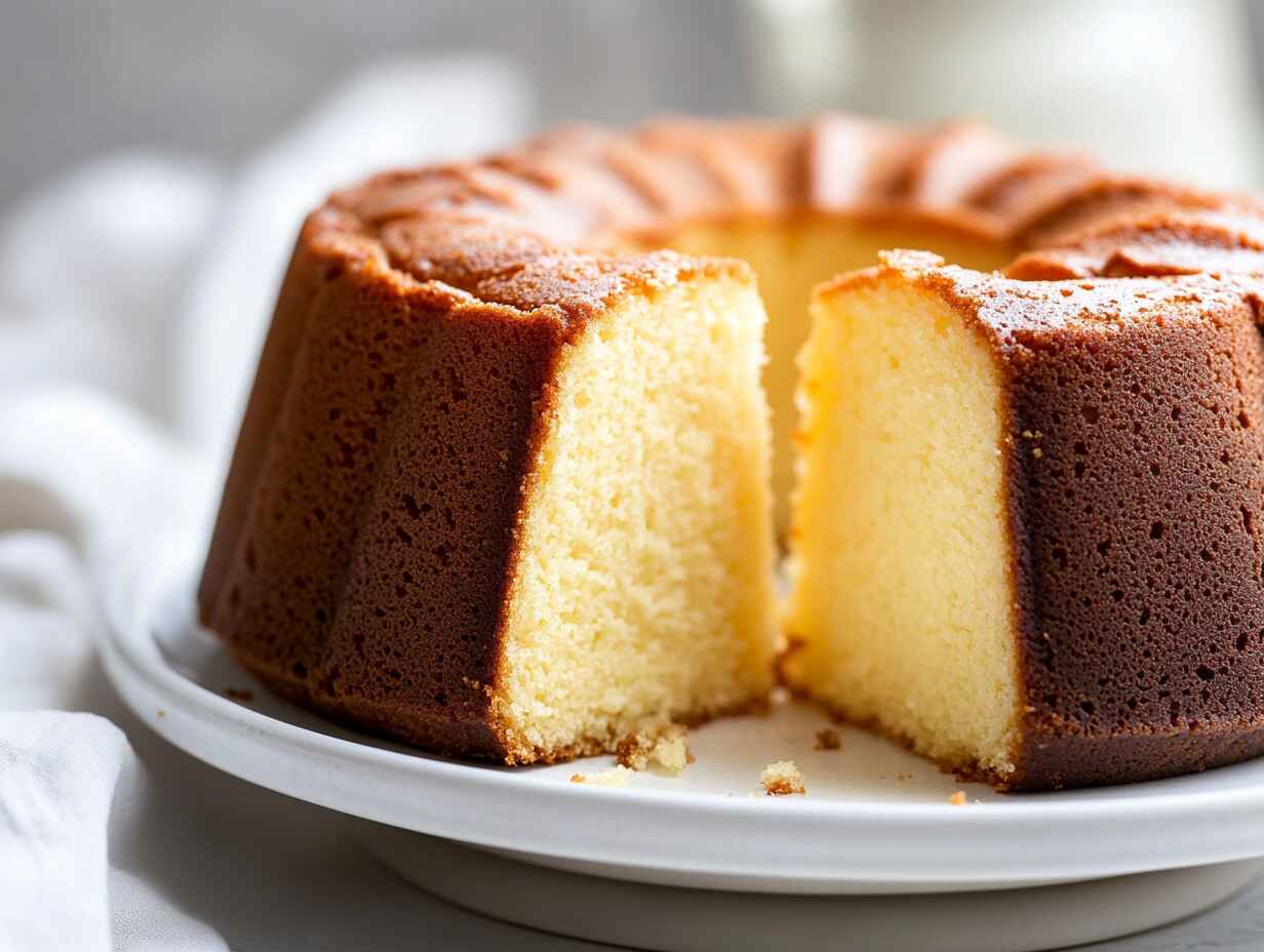 A golden pound cake on a wooden board with a slice cut, surrounded by baking ingredients and tools