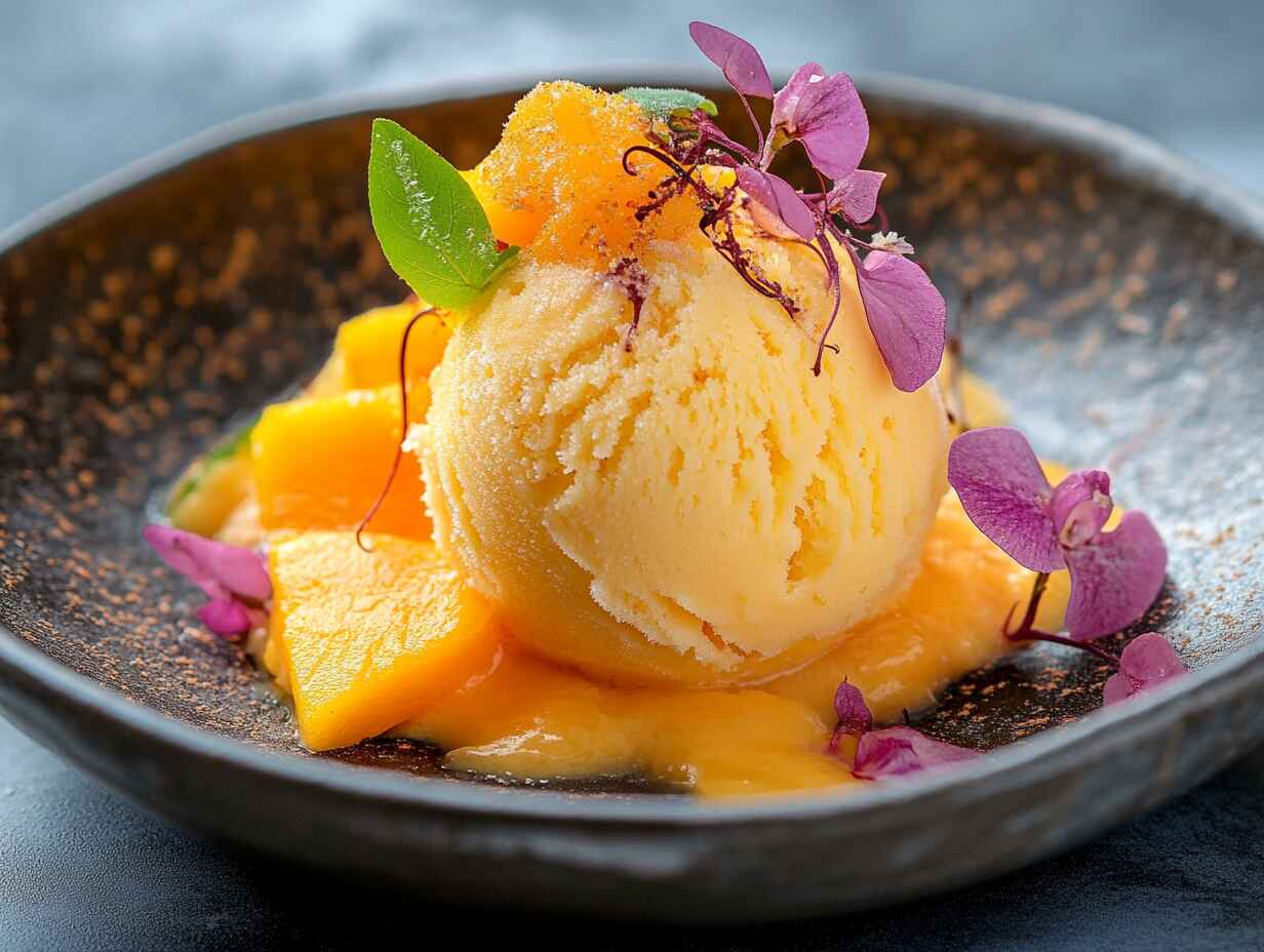 Bowl of creamy mango ice cream garnished with fresh mango slices