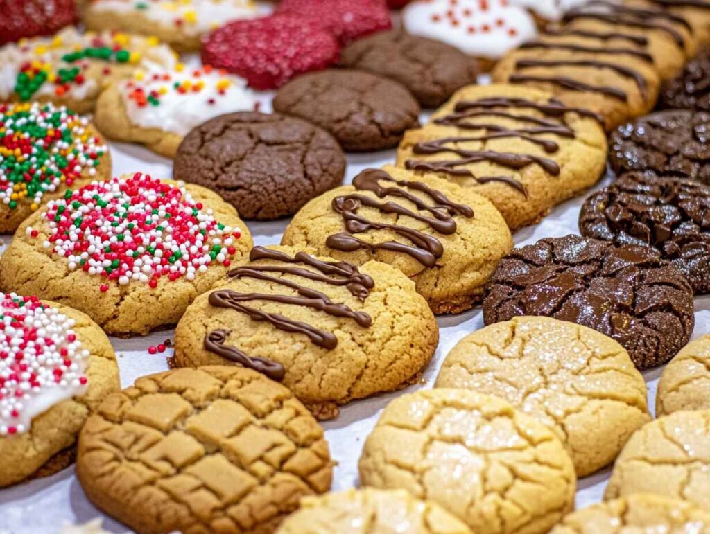 A tray of cookies with fork marks, including peanut butter and sugar cookies