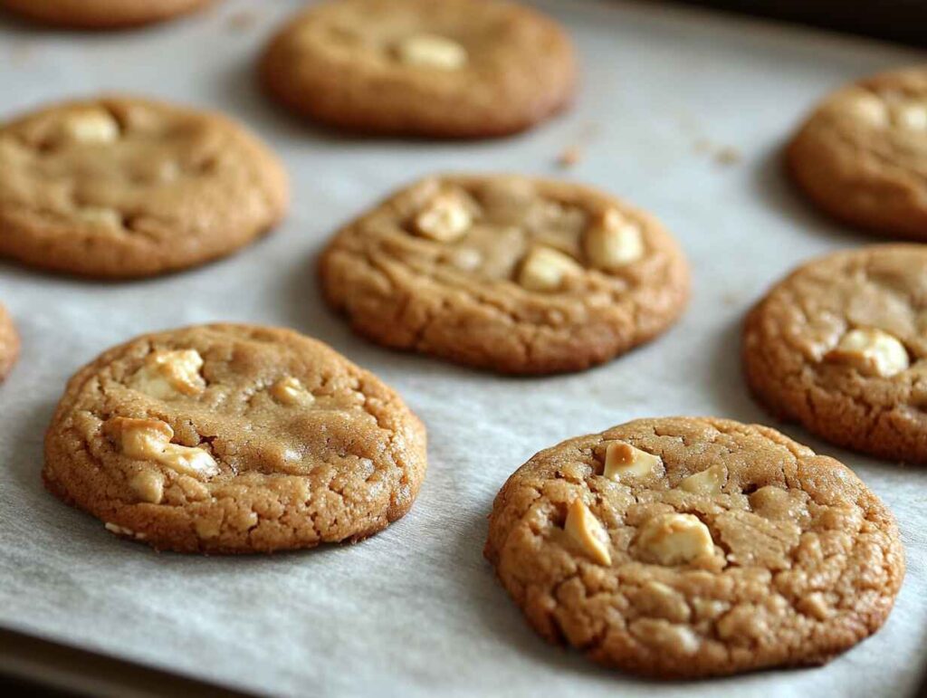 Freshly baked peanut butter cookies with golden edges and soft centers on parchment paper.