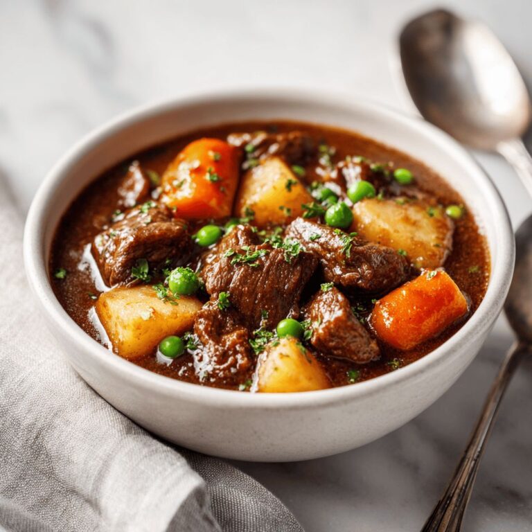 Hearty beef stew in a white bowl on a white marble countertop with carrots, potatoes, peas, and parsley