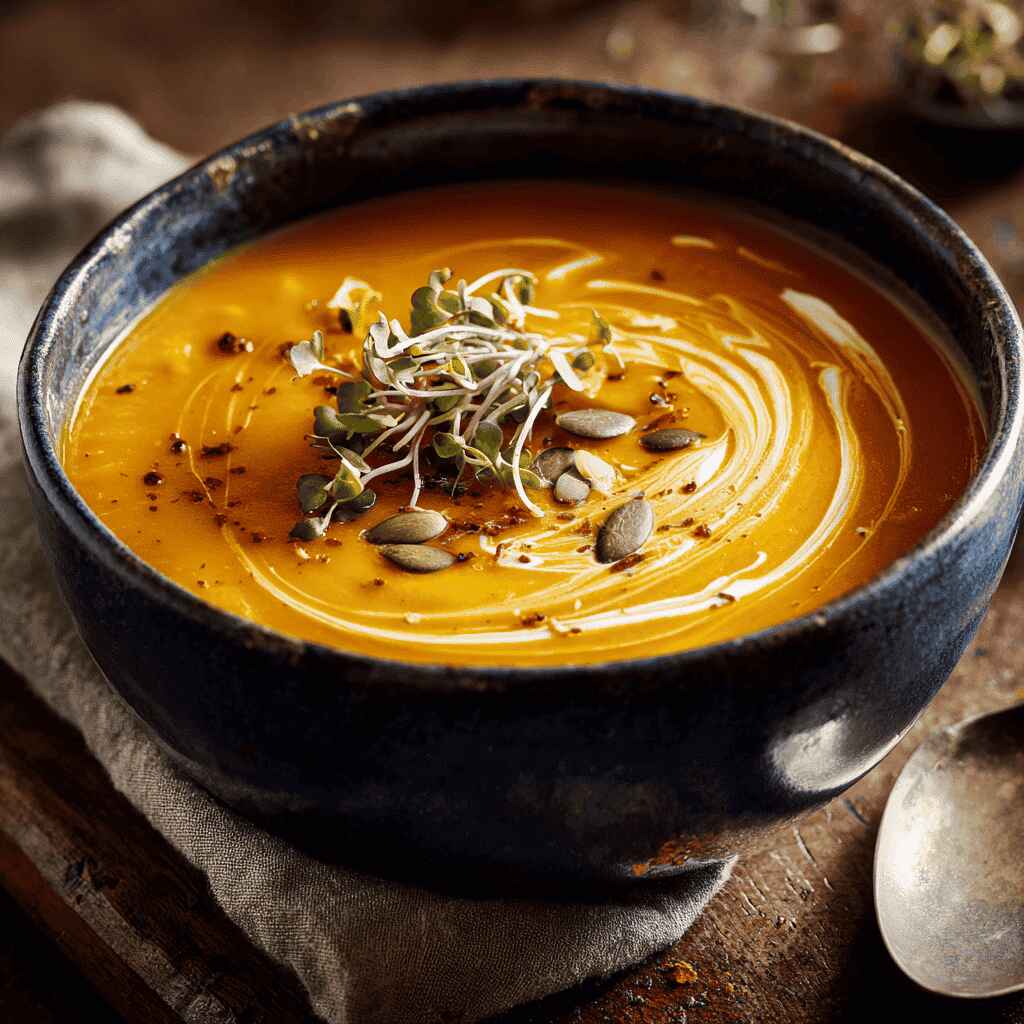 A creamy golden-orange bowl of butternut squash soup topped with cream swirl, pumpkin seeds, and herbs, served with crusty bread on a rustic wooden table.