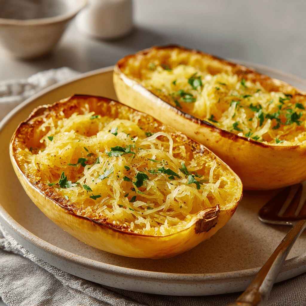 Roasted spaghetti squash halves on a plate with fluffed, noodle-like strands and parsley