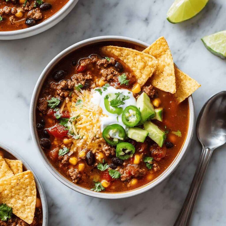 Taco soup in a white bowl on white marble, topped with shredded cheese, sour cream, sliced jalapeño, avocado, cilantro, and tortilla chips.