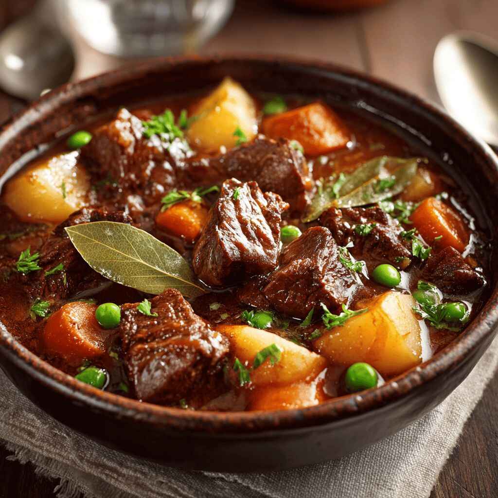 Close-up of hearty beef stew with tender beef, carrots, potatoes, peas, and glossy brown gravy in a rustic bowl