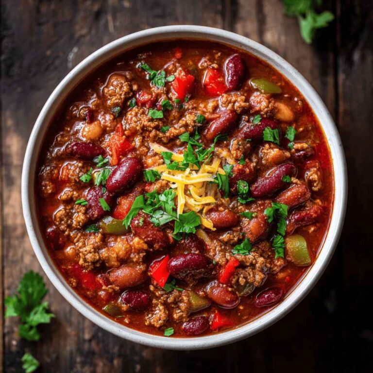 Top view of a hearty crockpot chili in a white ceramic bowl, filled with ground beef, kidney beans, diced tomatoes, and bell peppers, garnished with shredded cheese and fresh cilantro on a rustic wooden table.