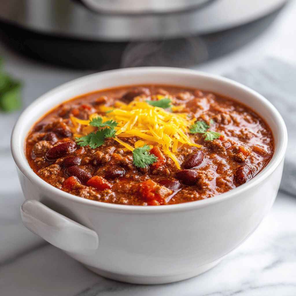 Close-up side view of a steaming bowl of homemade crockpot chili in a white ceramic bowl on a white marble table, topped with melted cheddar and cilantro garnish.