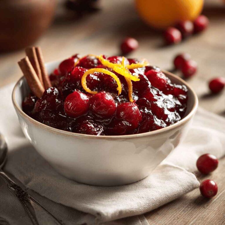 Glossy homemade cranberry sauce with whole berries, orange zest, and cinnamon sticks in a white bowl on a rustic table.