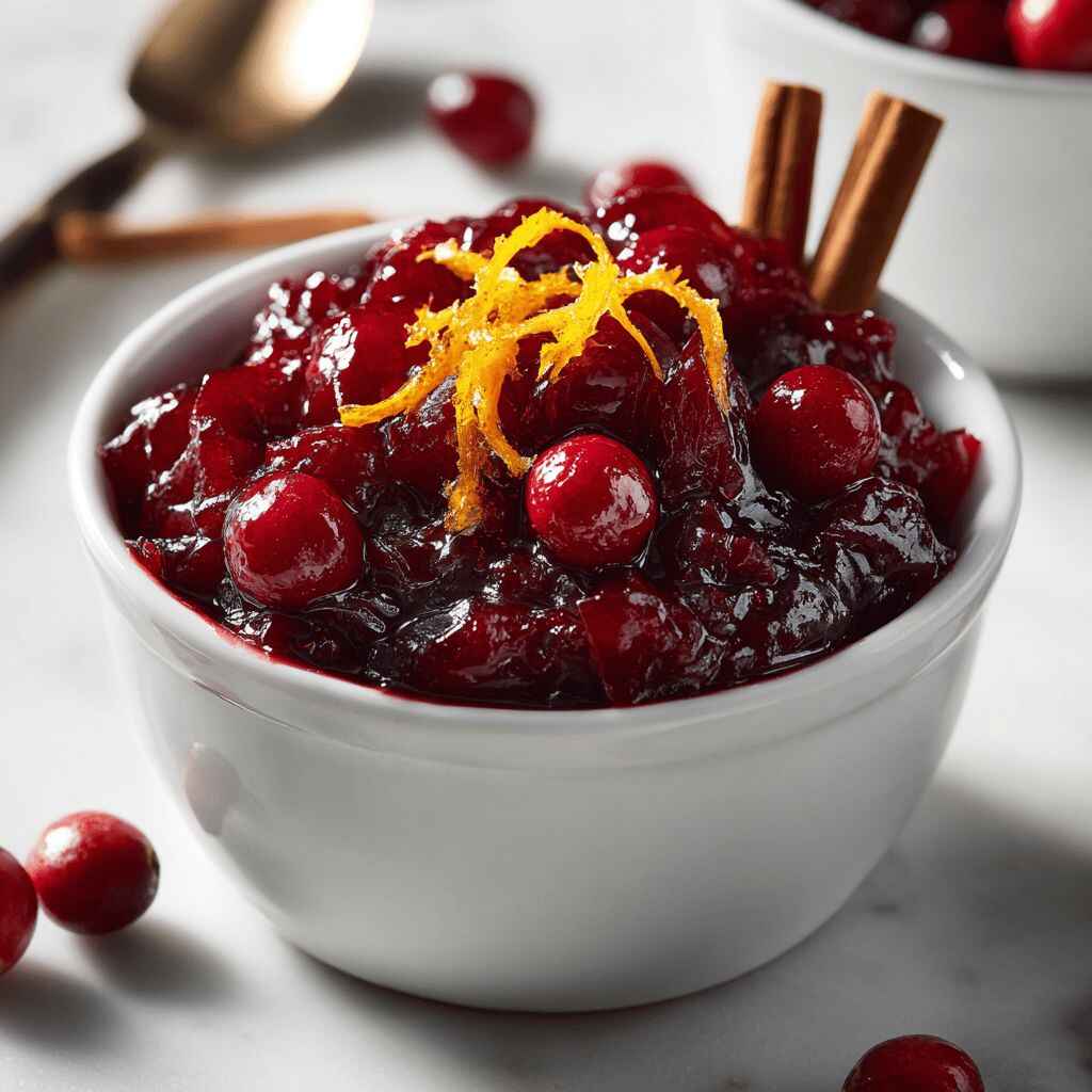 Close-up of glossy cranberry sauce in a white bowl on a white marble table, topped with orange zest and a hint of cinnamon.