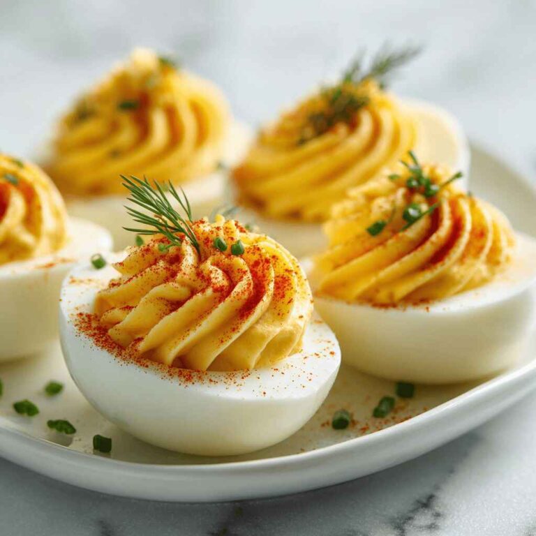 Close-up of classic deviled eggs on a white plate over white marble, piped with creamy yellow filling and dusted with paprika, garnished with dill and chopped chives.