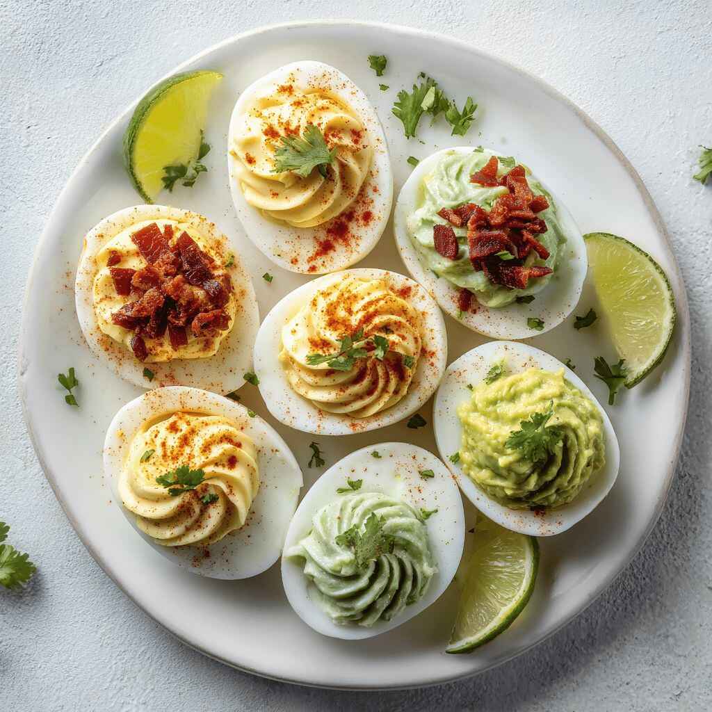 Overhead shot of a white platter arranged with five varieties of deviled eggs on a light gray background
