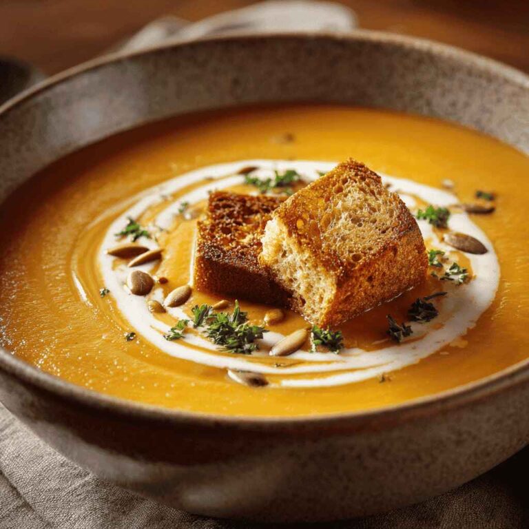 Close-up of creamy butternut squash soup in a rustic ceramic bowl, topped with golden croutons, a swirl of cream, toasted pumpkin seeds, and fresh herbs