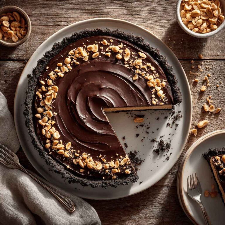 Top-down view of a chocolate peanut butter pie with a glossy ganache swirl, Oreo cookie crust, and chopped peanuts around the edge, with one slice removed.
