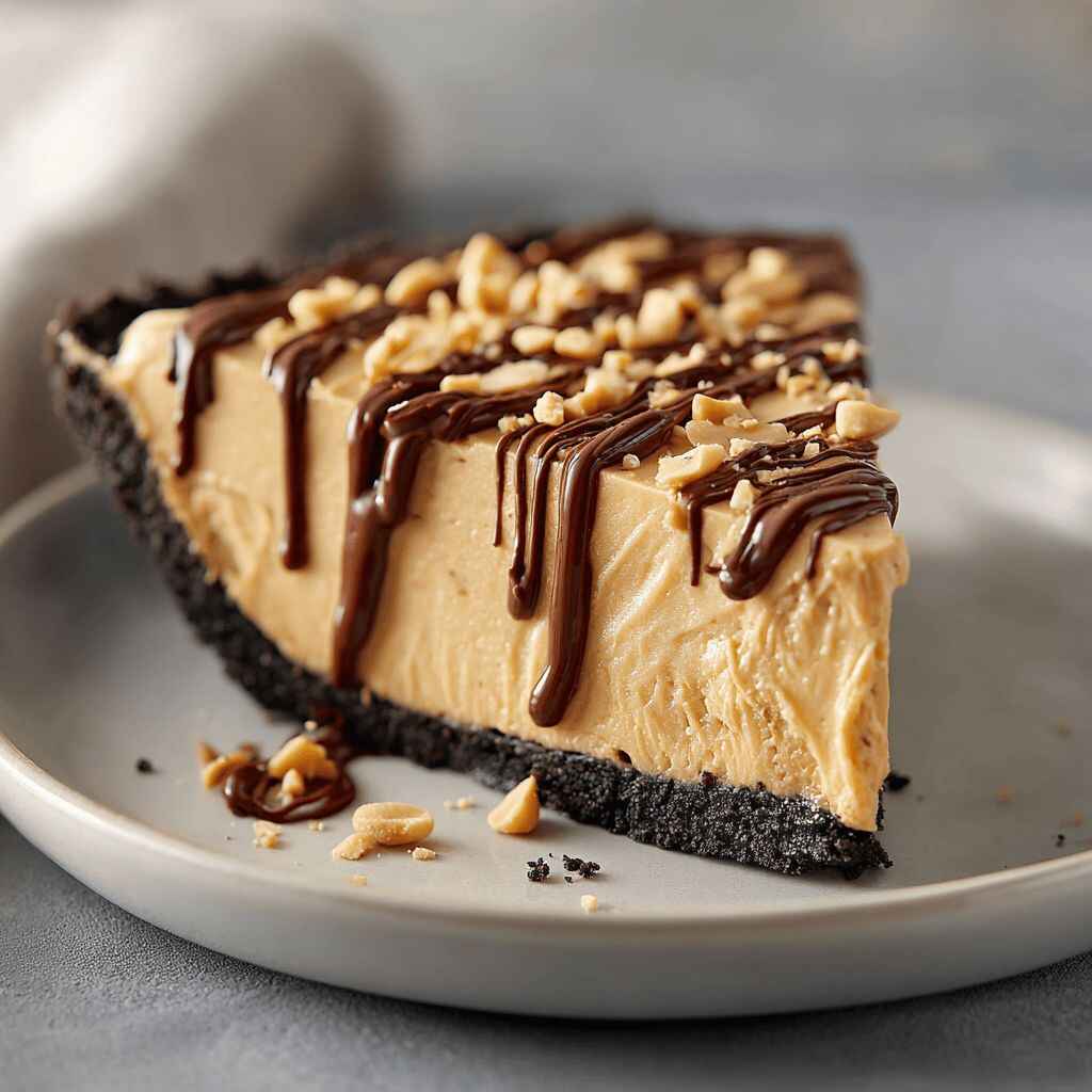 Top-down view of a chocolate peanut butter pie with glossy ganache, chopped peanuts around the edge, and a slice plated on the side.