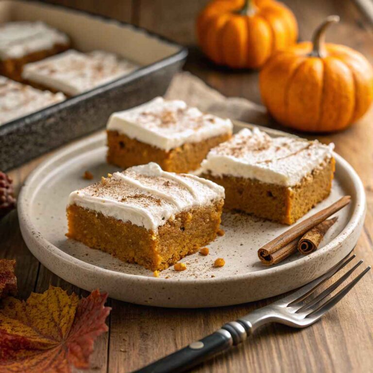 Moist pumpkin bars with cream cheese frosting on a ceramic plate, dusted with cinnamon, with a baking pan and mini pumpkins in the background.