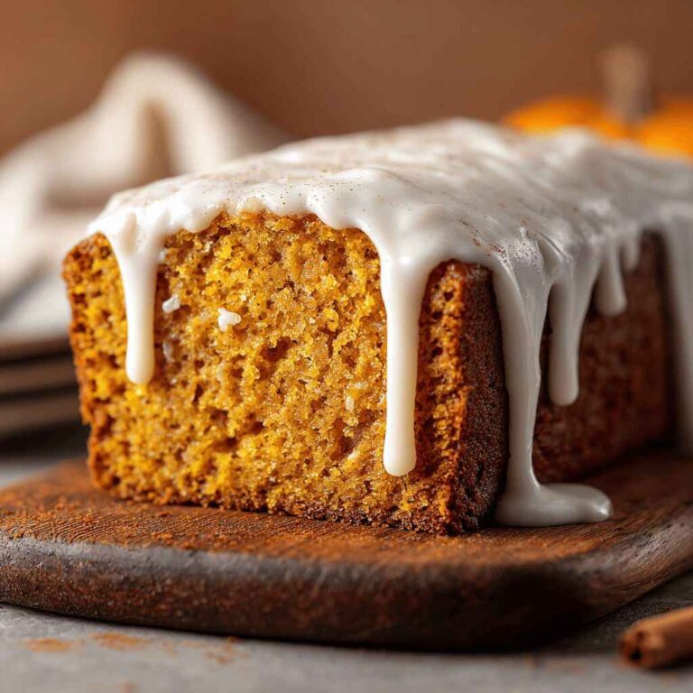 Close-up of moist pumpkin bread loaf topped with white icing dripping down the sides on a wooden board, showing tender orange crumb and cinnamon specks.