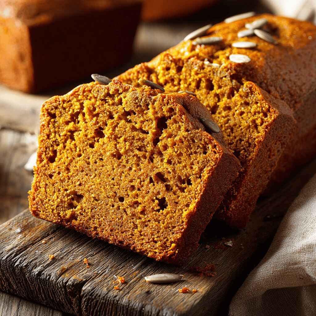Close-up of a freshly sliced pumpkin bread showing moist orange crumb with fine spice flecks and a caramelized, cracked crust on a wooden board.