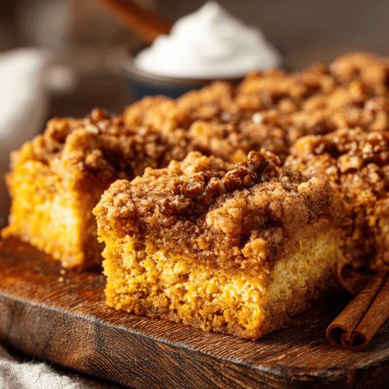 Pumpkin dump cake bars with a cinnamon crumb topping on a wooden board, whipped cream in the background
