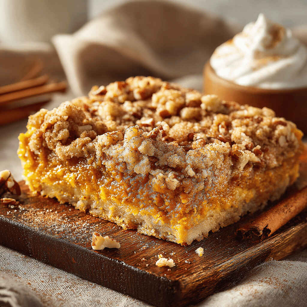 Slice of pumpkin dump cake with crumbly pecan topping on a wooden board, dusted with cinnamon and served with whipped cream