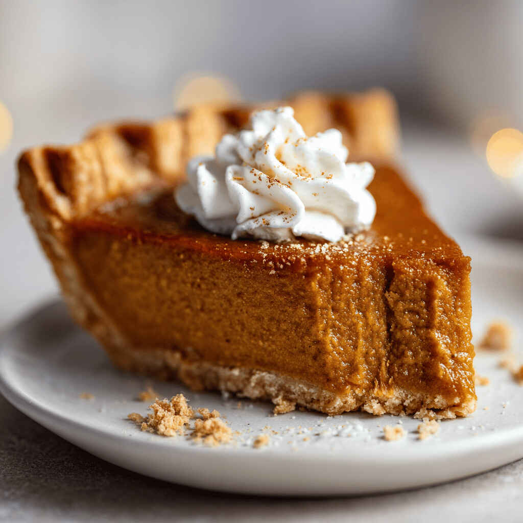 Close-up slice of pumpkin pie with whipped cream on top, showing smooth custard filling and flaky crust on a white plate with crumbs.