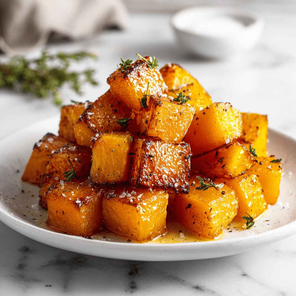 Close-up of golden roasted butternut squash cubes with caramelized edges on a white ceramic plate placed over white marble