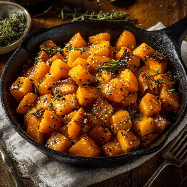 Close-up of roasted butternut squash cubes in a cast-iron skillet, seasoned with herbs, sea salt, and black pepper.
