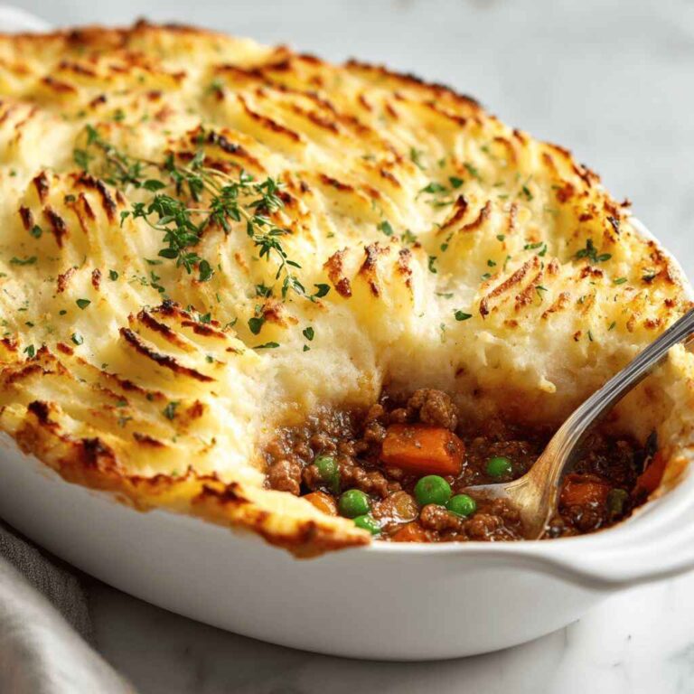 A freshly baked shepherd’s pie in a white dish with golden mashed potato topping and a spoon revealing the minced meat, peas, and carrots filling.