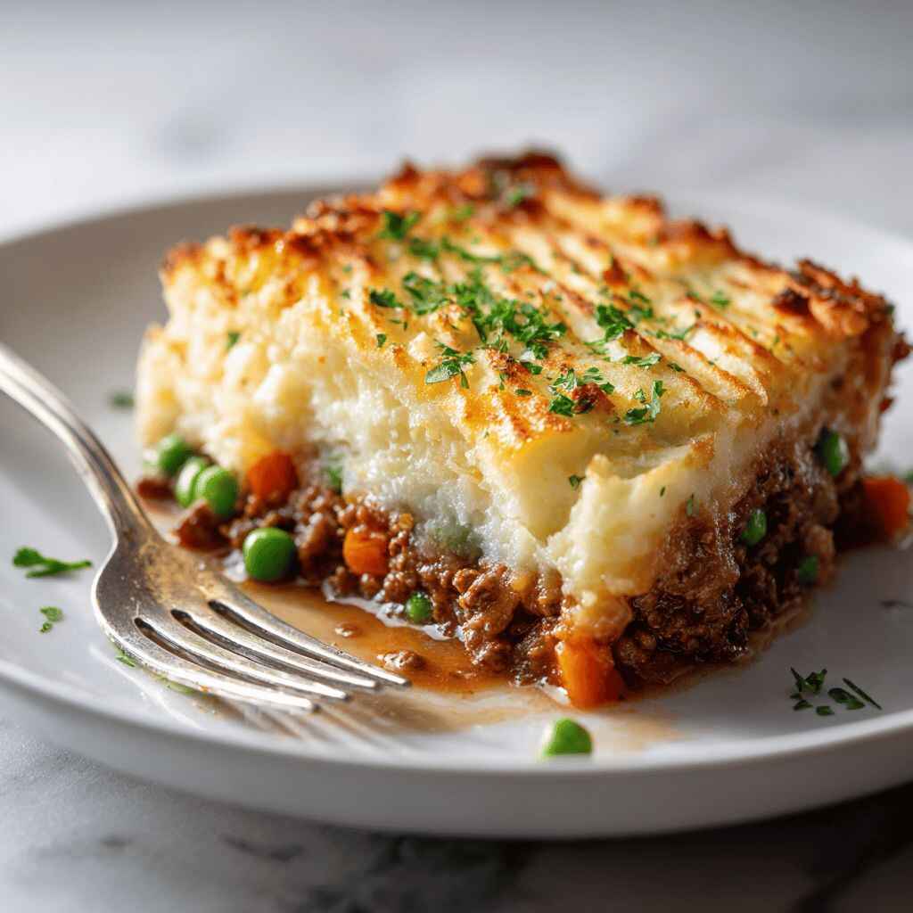 A close-up of a serving of shepherd’s pie on a white plate, topped with golden-brown mashed potatoes and sprinkled with fresh parsley.