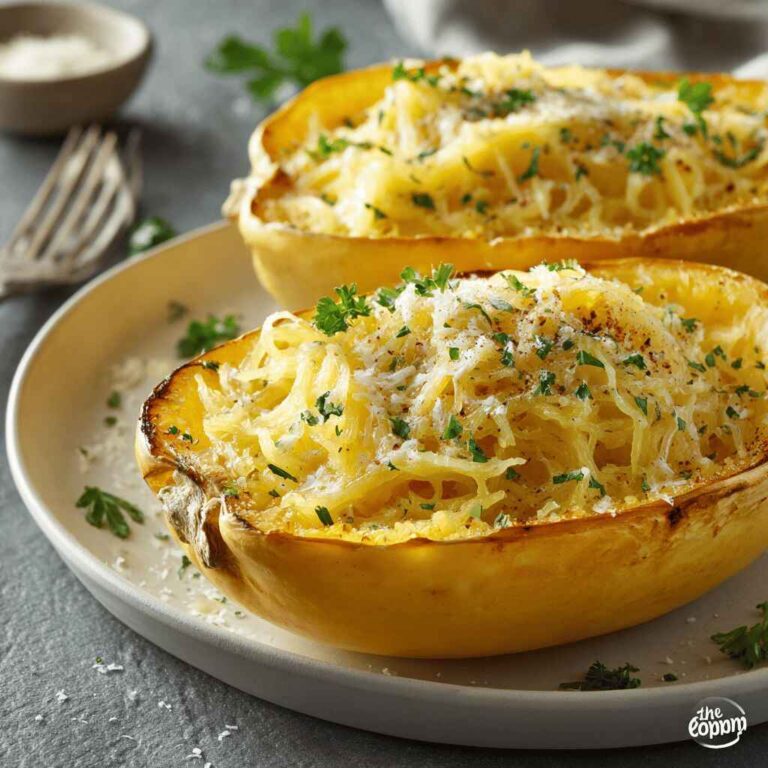 Roasted spaghetti squash halves filled with fluffed strands, parmesan, and parsley on a plate